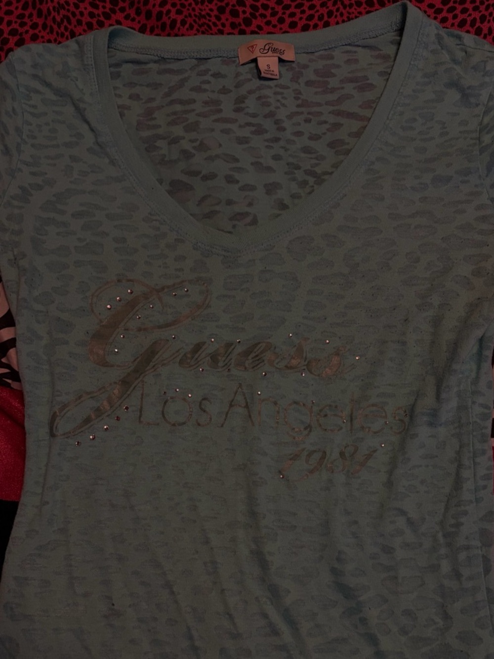 Guess Rhinestone Logo V-Neck Tee - Teal